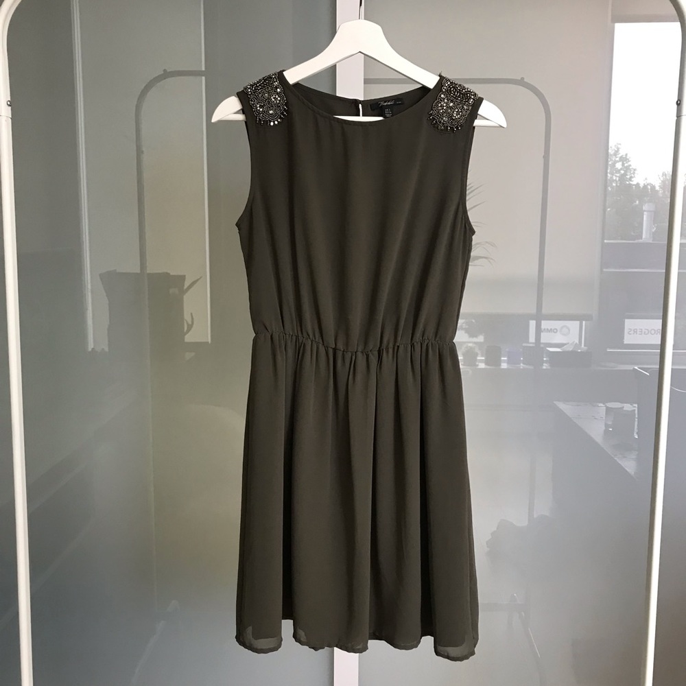 Olive Dress with Beaded Shoulder Detail